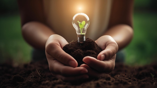 Photo a light bulb growing out of soil held in hands