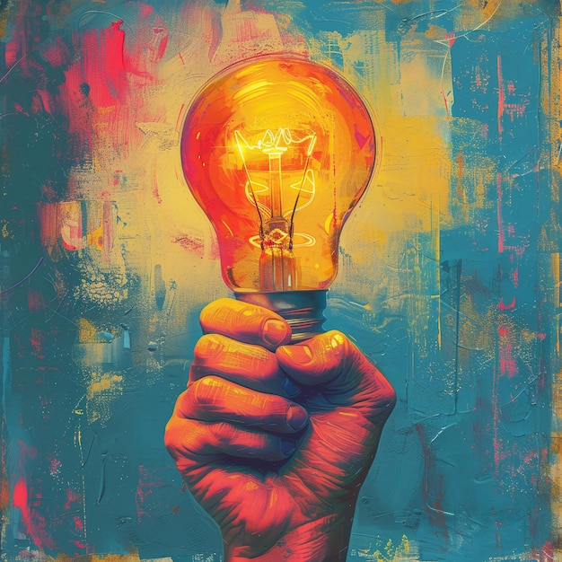 light bulb in hand on abstract bright colorful blue background idea concept