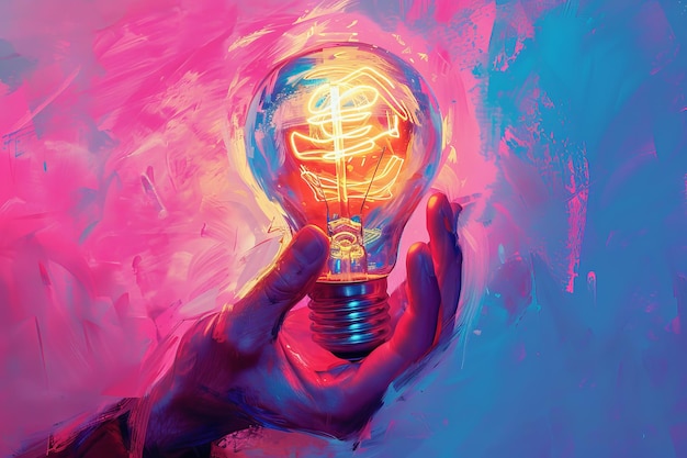 light bulb in hand on abstract pink and blue colorful background idea concept