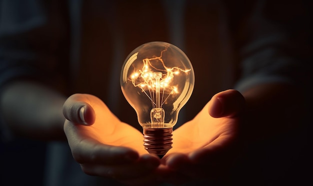 a light bulb in the hands of a man holding a glowing globe.