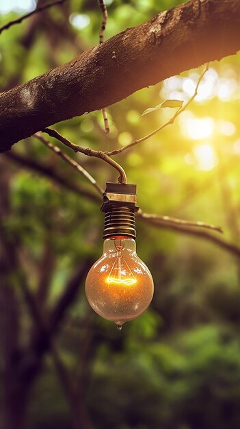 Photo light bulb hanging from tree branch