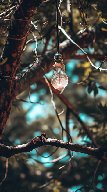 Photo light bulb hanging from tree branch