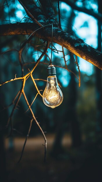 Photo light bulb hanging from tree branch