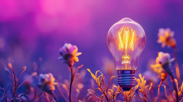 Foto lampadina che illumina un bellissimo campo di fiori