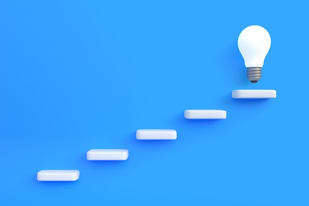 Light bulb illuminating the highest steps on a blue background 3d render illustration