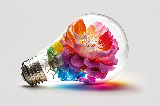 Light bulb illustration with colorful flowers white background Generative AI