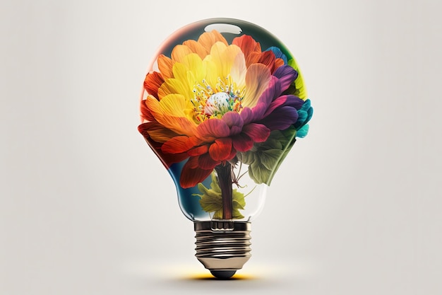 Light bulb illustration with colorful flowers white background Generative AI