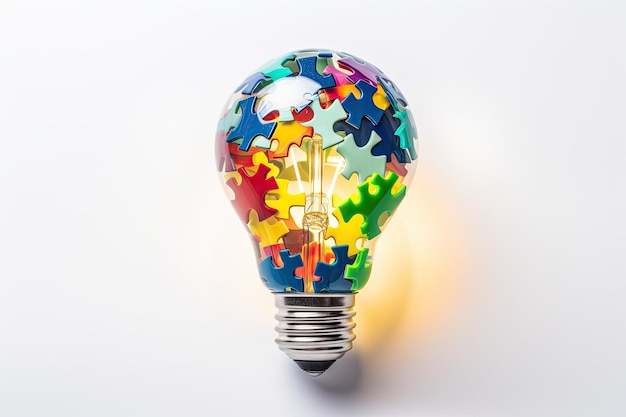 Light bulb illustration with colorful puzzle pieces white background Generative AI