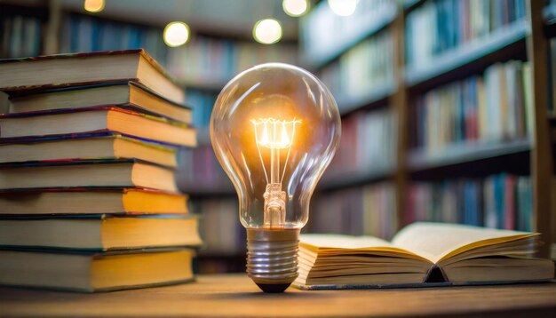 Photo a light bulb is on a book on a table