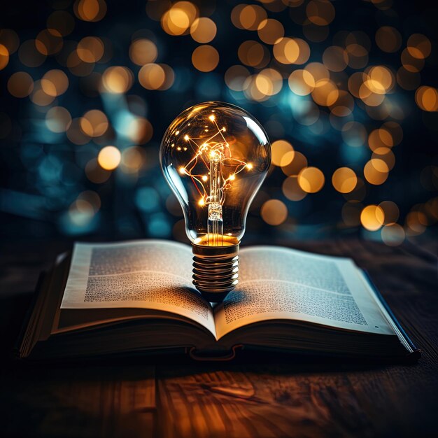 лампочка на книге с книгой, открытой для света