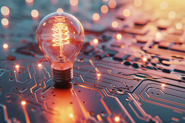 A light bulb is lit up on a circuit board