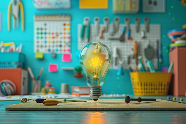 Photo a light bulb is lit up in a room with a lot of tools and supplies