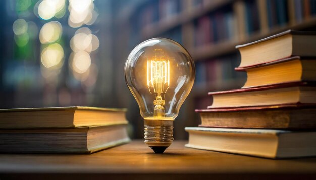 Photo a light bulb is on a table with books on the top