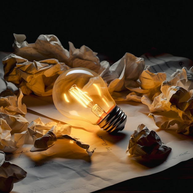 A light bulb is on top of a piece of paper with crumpled paper and the word " light " on it.