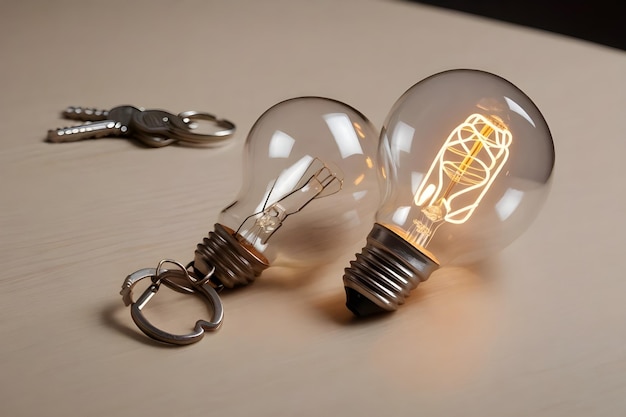 Foto lampadina e chiavi sul tavolo generativo da ai