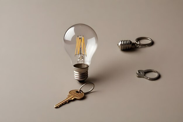 Foto lampadina e chiavi sul tavolo generativo da ai