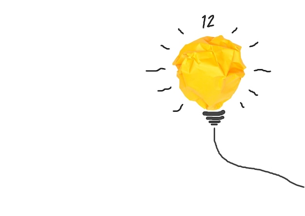 Light bulb made by yellow paper against white background
