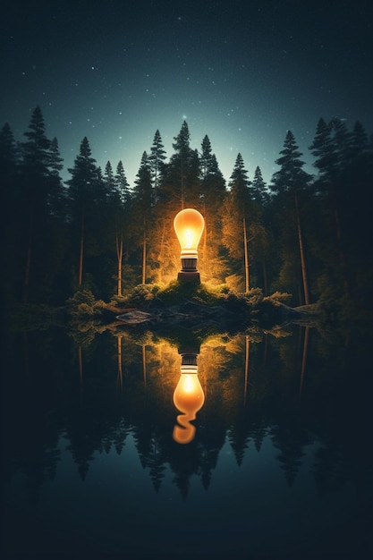 A light bulb in the middle of a forest with a lake and trees.