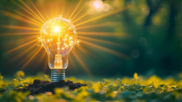 Light bulb in the middle of a green field with a forest in the background