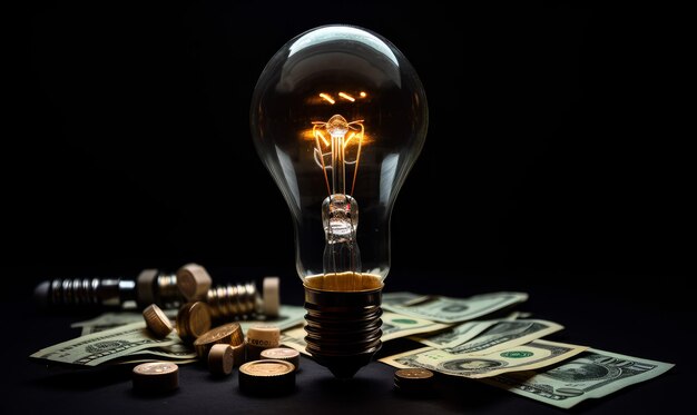 Photo light bulb and money on the desk