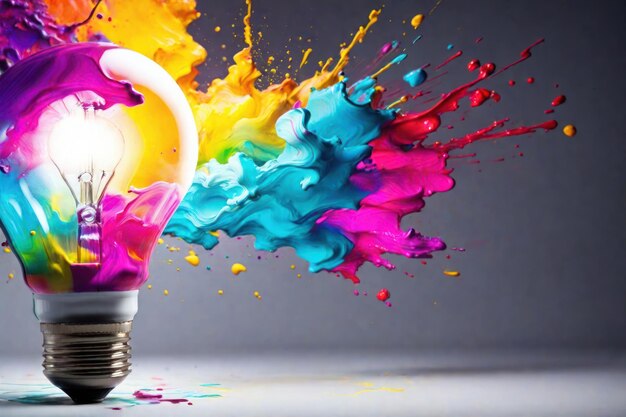 A light bulb and multicolored paint splashes on a gray background abstraction