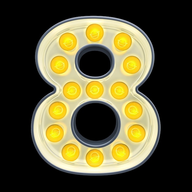 Light bulb number 8 retro glowing font 3D rendering