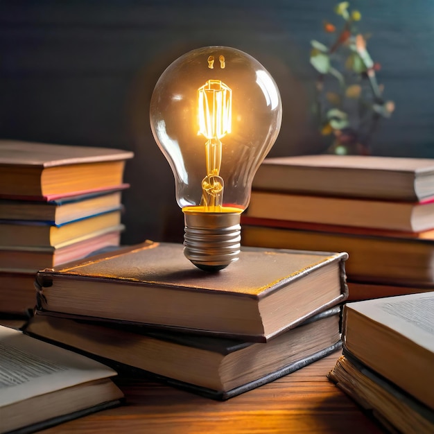 Light bulb on next to pile of books Concept of idea development imagination