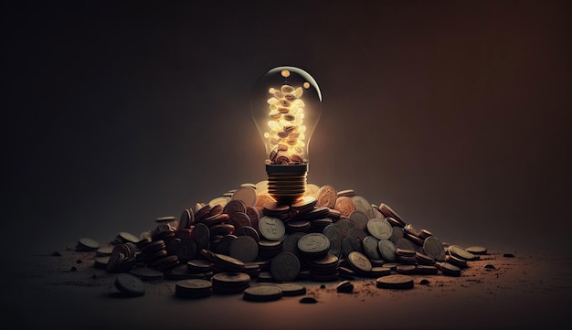 Light bulb and pile of coins copy space with Generative AI Technology