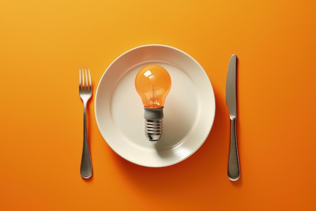 Light bulb on plate concept of creativity and ideas orange background Gemerative AI