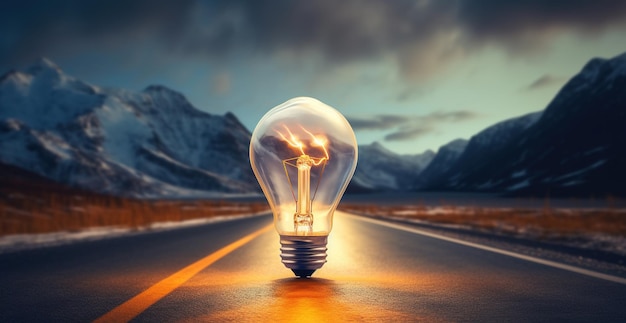 light bulb on a road in the background lit up with a warm glow dramatic atmosphere