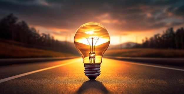 light bulb on a road Sunset lit up with a warm glow dramatic atmosphere