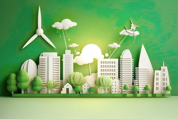 都市と庭園を備えた電球の形 風車と太陽エネルギーを備えた再生可能エネルギーのモダンな家は、地球とエネルギーの概念を節約します Ai を生成します
