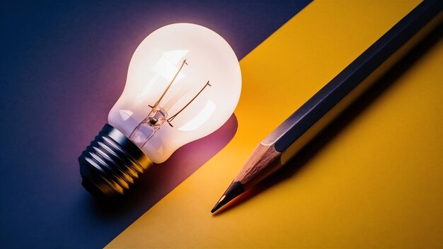 Light bulb and sharp pencil on yellow background