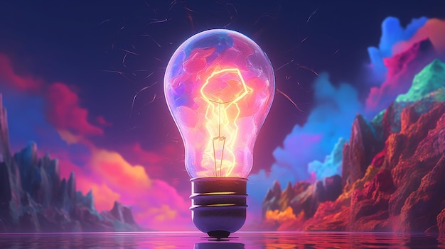 Лампочка светится на ярком и красочном фоне Генеративный ИИ