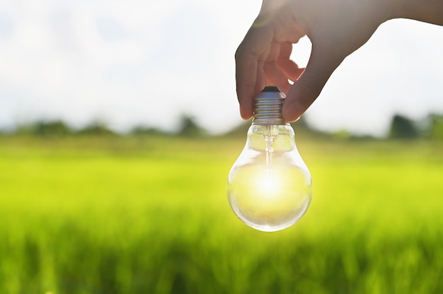 Light bulb shines on hand outdoors