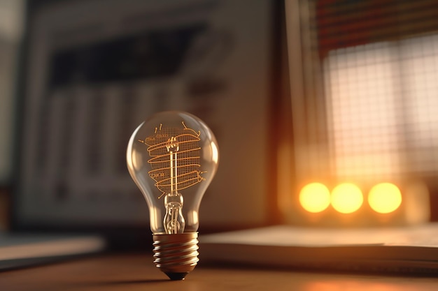 Light bulb sits on a table in front of a window