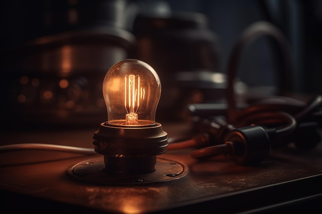 A light bulb sits on a table with a wire and a lamp on it.