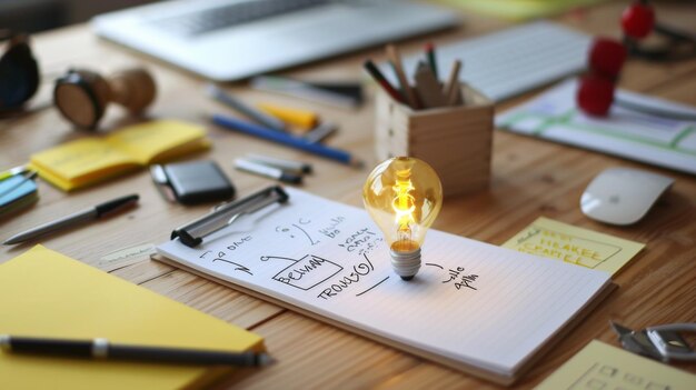 Photo a light bulb sits on top of a piece of paper symbolizing creativity and ideas shining through in the