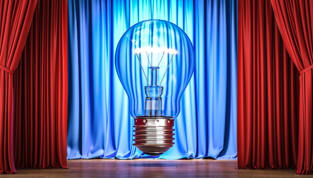 Лампочка на сцене с красными и синими шторами. понятие идеи и новаторства. 3d визуализация