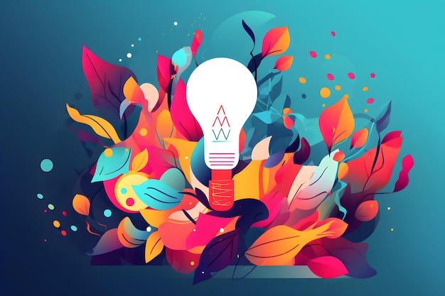 Photo light bulb surrounded by colorful leaves and flowers on blue background with blue background generative ai