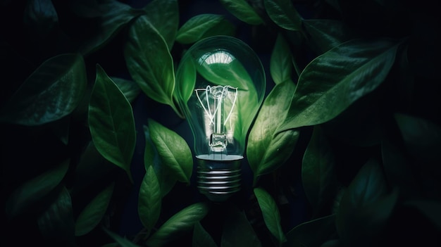 A light bulb surrounded by green leaves generative AI