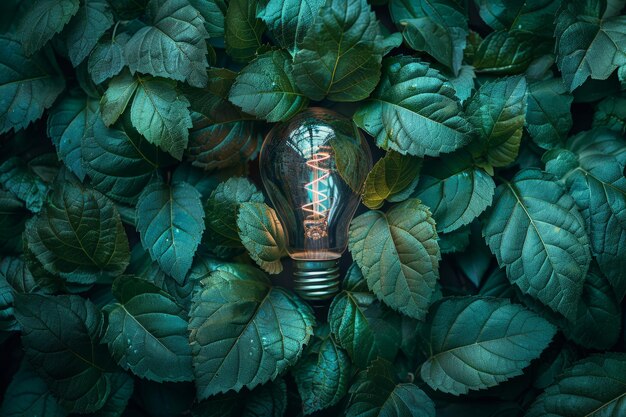 Photo light bulb surrounded by green leaves