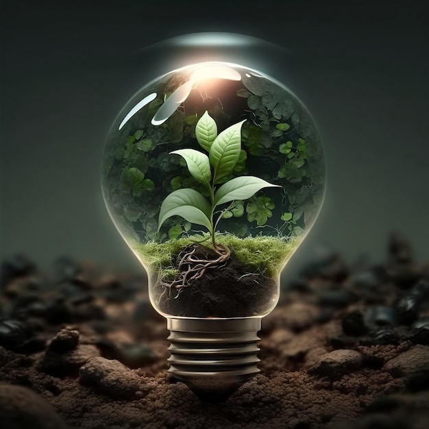 A light bulb surrounded by green plants and a representation of the earth Generative Ai