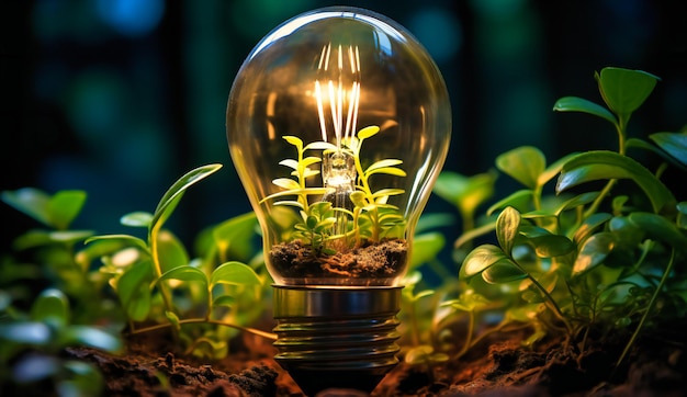 a light bulb that is lit up with a plant inside