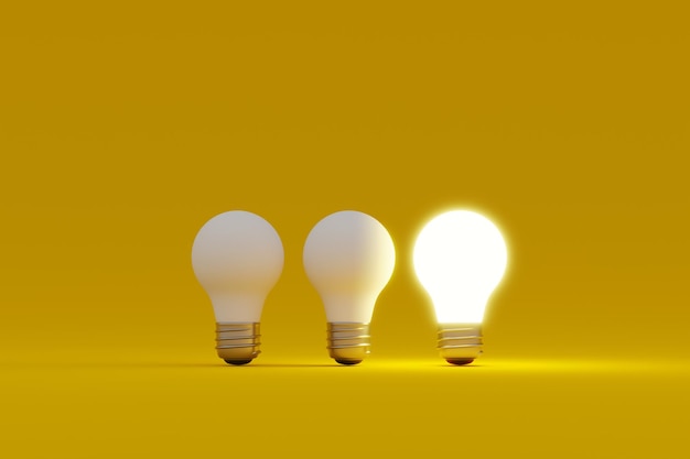 A light bulb that lights up alone among the lights that are off 3d rendering