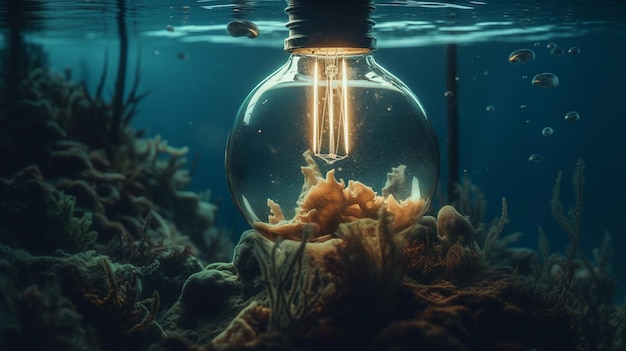 A light bulb in the water with the words'light'on it