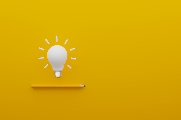 light bulb white and pencil on yellow background