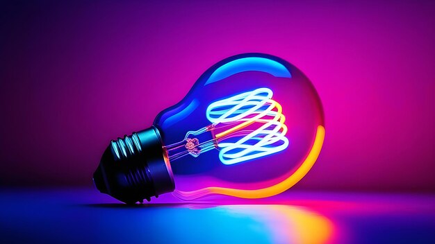 Photo a light bulb with blue and red neon lights