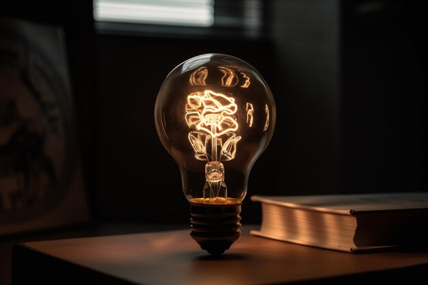 A light bulb with a book on the table next to it