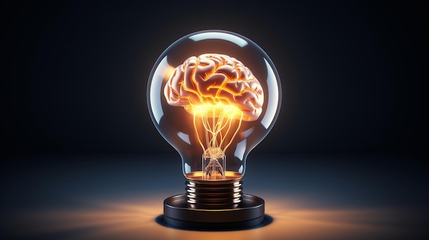 light bulb with brain inside on dark background mixed media